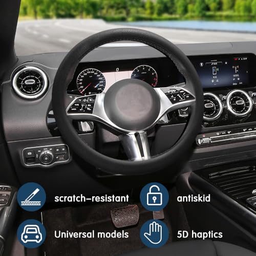 Car Steering Wheel Cover, 13 to 14.17 inches Non-Slip Silicone Steering Wheel Protector, Car Accessories Thin Soft Leather Texture Steering Wheel Protective Cover for Most Cars (Black) - color: Black