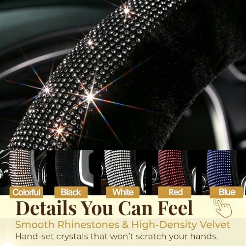 Bling Steering Wheel Cover for Women Girls, Black Rhinestone Diamond Sparkling Fur Fluffy Steering Wheel Accessories Elastic Steering Wheel Covers Winter Warm Universal Fit 14-15 inches - color: Black