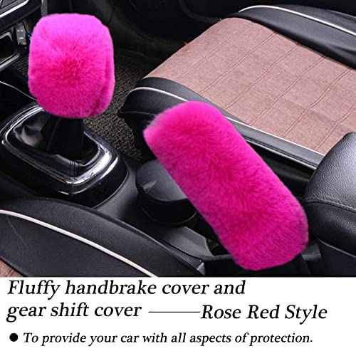 WenMei 4PCS Set Fluffy Steering Wheel Covers with Handbrake Cover&Gear Shift Cover&Plush Keychain Furry Steering Wheel Cover for Women Girl Fashion Warm Car Wheel Protector Fit Most Car (Rose red) - color: Rose red