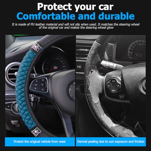 Osilly Bling Car Steering Wheel Cover, 15 Inch Rhinestones Soft Leather Elastic Steering Wheel Protector, Sparkly Crystal Diamond for Women Girls (Black Green) - color: Black Green