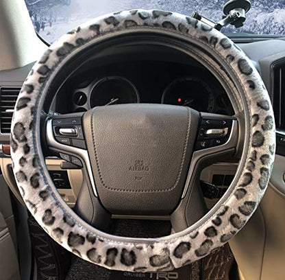 ZHOL Leopard Print Steering Wheel Cover, Universal 15 Inch Elastic Plush Softy Steering Wheel Cover for Women Girls, Winter Warm, Anti-Slip, Gray - color: Cheetah Gray