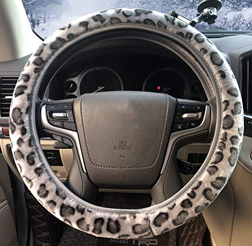 ZHOL Leopard Print Steering Wheel Cover, Universal 15 Inch Elastic Plush Softy Steering Wheel Cover for Women Girls, Winter Warm, Anti-Slip, Gray - color: Cheetah Gray