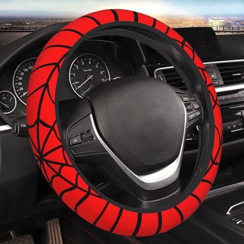 Red Black Spider Web Elastic Steering Wheel Cover Non-Slip Breathable Steering Wheel Protector Fit Auto, SUVs, Truck - color: Red Black Spider Web