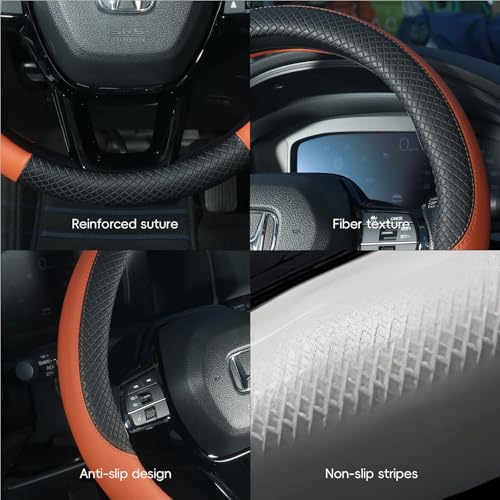 LABBYWAY Car Steering Wheel Cover, Leather, Universal 15 Inch Fit, Anti-Slip & Odor-Free,Brown - color: black&brown