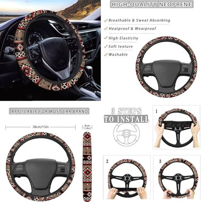 Dreaweet Native American Car Seat Covers Full Set Southwestern Aztec Navajo Seat Covers with Steering Wheel Cover/Armrest Cover/Seatbelt Covers/Car Coasters/Gear Shift Cover/Handbrake Cover - color: Native American