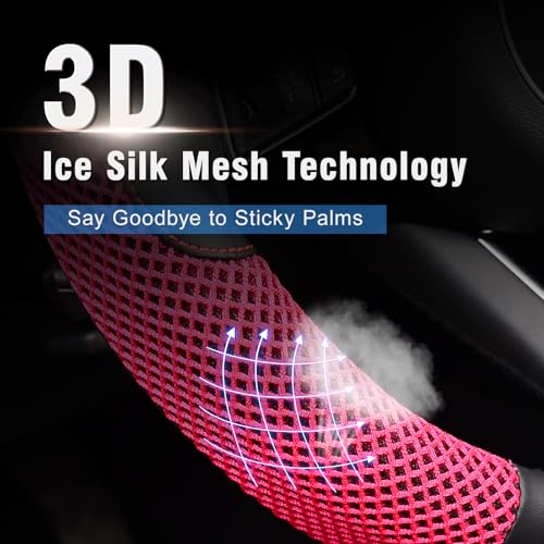 15 inch Steering Wheel Cover, Cooling Ice Silk Mesh with Microfiber Leather, Heat Resistant, Breathable, Anti-Slip, Summer Cool, Universal Fit, Black & Red - color: red, size: Standard Size[14.5"-15"]