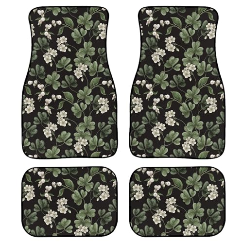 Floral Plant Car Floor Mats Set of 4,White Meadow Flowers Berries Fern and Green Leaves Floor mats for Cars Universal Front Rear Vehicle Foot Rugs Botanical Car Accessories for Trucks Sedans - color: White Green