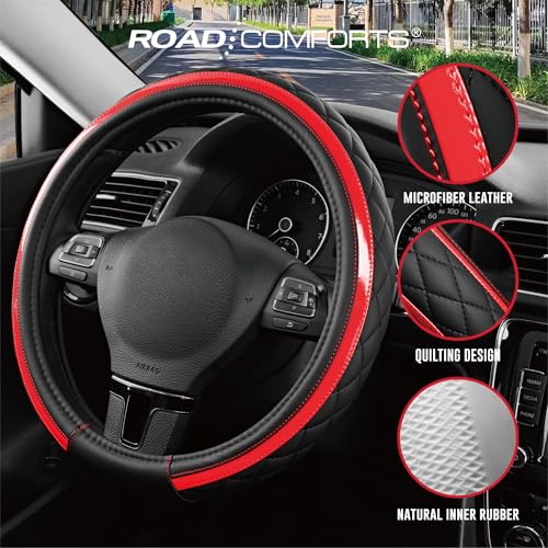 Road Comforts Leather Steering Wheel Cover – Black & Red Universal Fit 14.5-15 Inch, Microfiber Leather, Anti-Slip & Breathable Design for Men and Women - color: Red