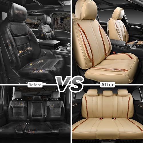 CAR PASS Beige Leather Car Seat Covers, Breathable Waterproof Nappa Automotive Seat Covers Full Set, Anti-Slip Driver Seat Cushion with Backrest Universal Fits SUV Pick-up Truck Sedan, Wood Grain - color: Beige Wood Grain, size: Full Set