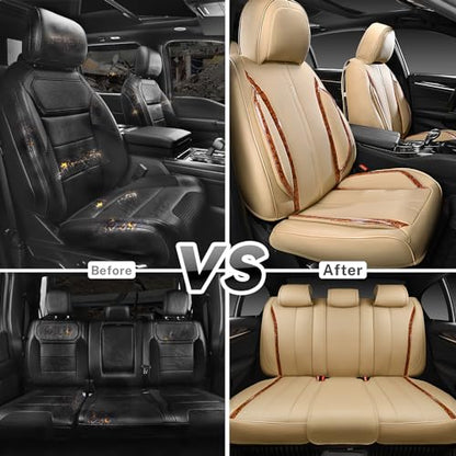 CAR PASS Beige Leather Car Seat Covers, Breathable Waterproof Nappa Automotive Seat Covers Full Set, Anti-Slip Driver Seat Cushion with Backrest Universal Fits SUV Pick-up Truck Sedan, Wood Grain - color: Beige Wood Grain, size: Full Set