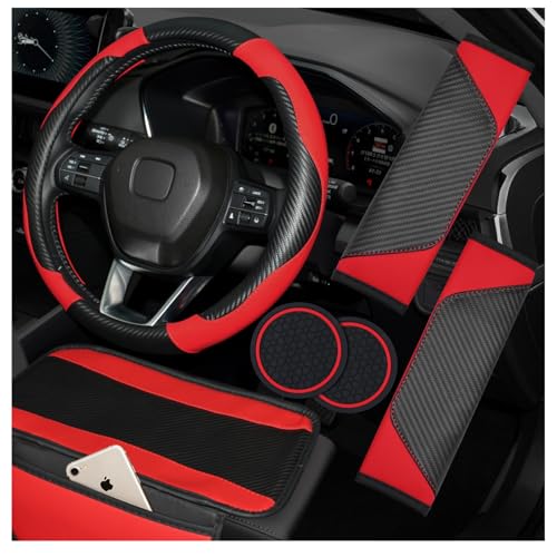 6PCS Red Car Accessories Set, Carbon Fiber Microfiber Leather Steering Wheel Cover 14.5-15", Center Console Armrest Cover, Seat Belt Pads & Cup Holder Coasters, Universal Interior Decor - color: Red