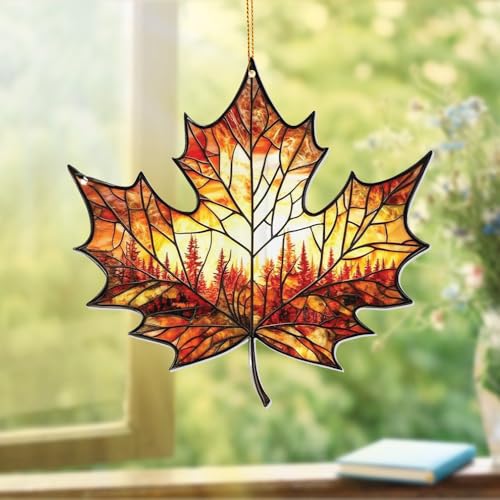 Stained Glass Acrylic Maple Leaf Ornament – Autumn & Christmas Tree Decoration 2026, Fall Harvest Sun Catcher, Nature-Themed Holiday Décor, Maple Leaf Gift for Home & Garden(Sun-14) - color: Sun-14