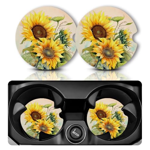 Yonlevres Car Coasters for Cup Holders, 2.75" Anti Slip Rubber Mat with a Finger Notch, 2 Pack Sunflower - color: Sunflower