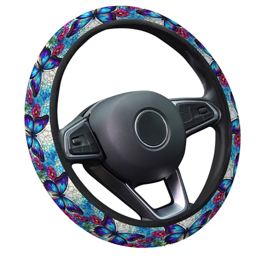 GENANY Blue Butterfly Steering Wheel Cover, Non Slip Polyester Car Wheel Protector for Car SUV Truck, Universal 15 Inch - color: Blue Butterfly