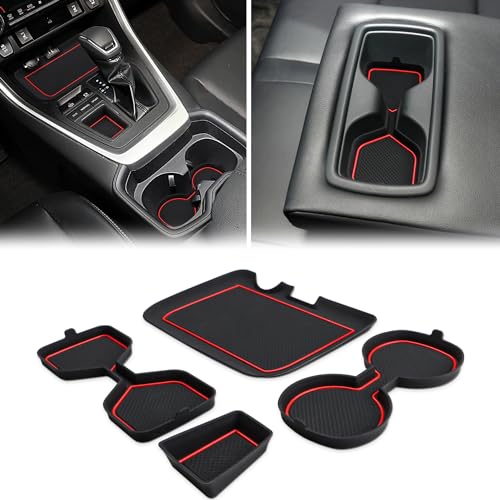 Auovo 3D Cup Holder Insert Liners Compatible with Toyota RAV4 Accessories 2025 2024 2023 2022 2021 2020 2019 Car Custom Cup Holder Mats Pads 4-pc Set (Red Trim) - color: Red, size: 4PCS