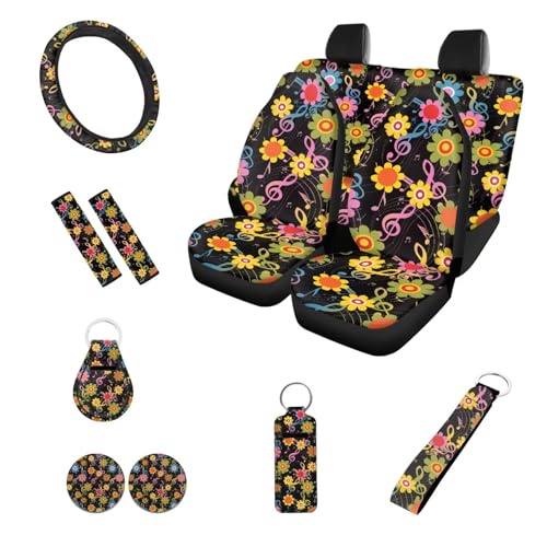 Music Note Car Accessories Rainbow Musical Auto Seat Covers for Front Back,Rainbow Boho Hippie Floral Car Steering Wheel Covers Keychains Safety Seatbelt Coasters Protection Set for Women - color: Colorful Music Note Retro Groovy Flower