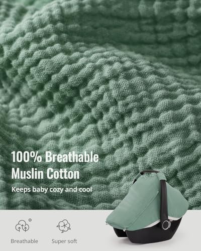 Blissful Diary Baby Car Seat Cover, Extra Large Mesh Window, Breathable Muslin Cotton, Infant Windproof Canopy, Must-Have Baby Gift - Roman Green - color: Roman Green