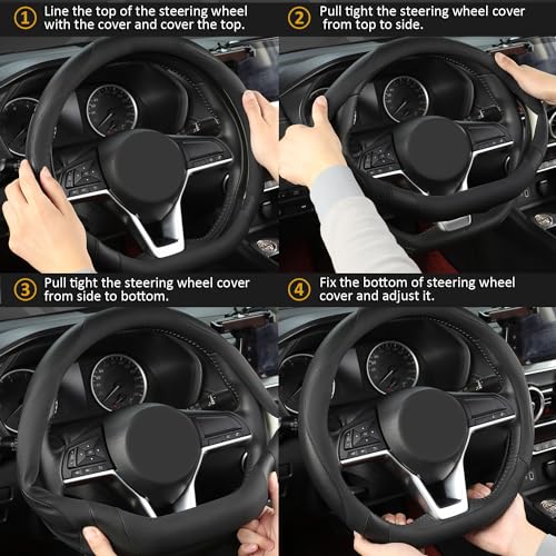 Flat Bottom Car Steering Wheel Cover for Nissan,D Shaped Steering Wheel Cover for Rogue,Altima,Kicks (Black-Standard Size)