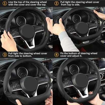 Flat Bottom Car Steering Wheel Cover for Nissan,D Shaped Steering Wheel Cover for Rogue,Altima,Kicks (Black-Standard Size)