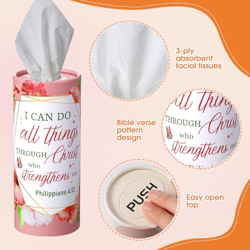 Outus 12 Pack Floral Christian Car Tissue Holder Cylinder with 3 Ply Facial Napkin Refillable Round Tube Tissue Boxes Container for Car Cup Holder SUV Home Office Travel Religious Bible Verse Gift - style: Flowers, Bible Verse