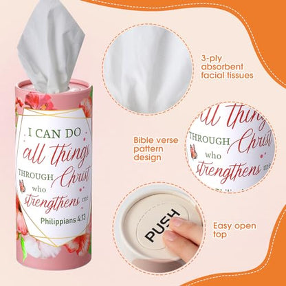 Outus 12 Pack Floral Christian Car Tissue Holder Cylinder with 3 Ply Facial Napkin Refillable Round Tube Tissue Boxes Container for Car Cup Holder SUV Home Office Travel Religious Bible Verse Gift - style: Flowers, Bible Verse