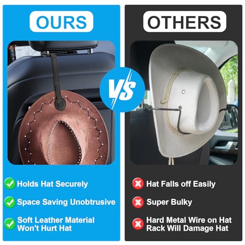 2 pcs Cowboy Hat Holder for Truck- Car Hats Organizer Accessories- Magnetic Clip Leather Hat Rack for Car- Headrest Hat Hanger Vehicle for Travel on Bag & Rack