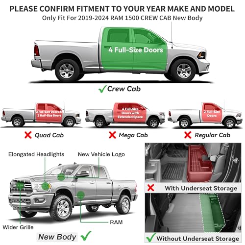 YITAMOTOR Floor Mats Compatible with 2019-2024 Dodge Ram 1500 Crew Cab (New Body), with 1st Row Bucket Seats, No Rear Under Seat Storage Box, Custom Fit Floor Liners 1st & 2nd Row - style: 2019-2024 1500 Crew Cab New Body W/O Storage