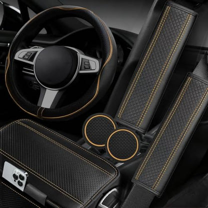 NBTEPEM 6 PCS Car Steering Wheel Cover Set, Microfiber Leather Steering Wheel Covers Universal 14.5-15 inch, Center Console Cover, Seat Belt Cushion, Cup Holder Coaster, Car Accessories Set Beige - color: Black with beige, size: Steering Wheel Cover Set