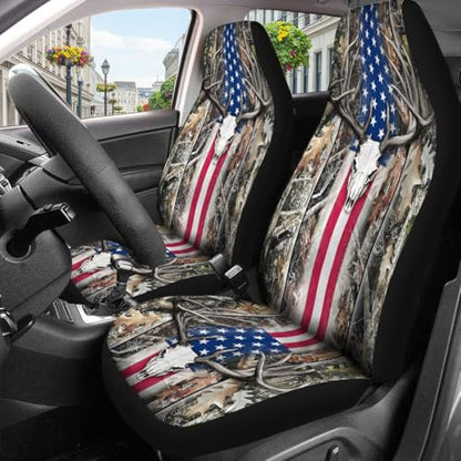 GENANY Hunting Car Seat Covers Set of 2, Deer Skull Breathable Front Seat Covers for Truck Sedan SUV, American Flag Car Accessories, Hunting Gift for Women Men - color: Deer Skull