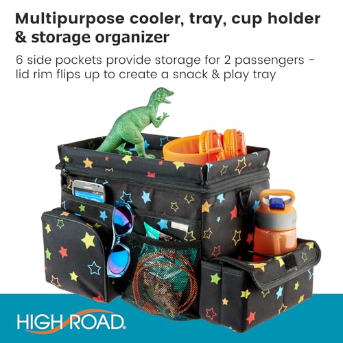 High Road CarHop Car Caddy Organizer with Road Trip Cooler, Car Cup Holder Bin, Sturdy Snack and Play Lid and 6 Organization and Storage Pockets, Starry Night - color: Stars