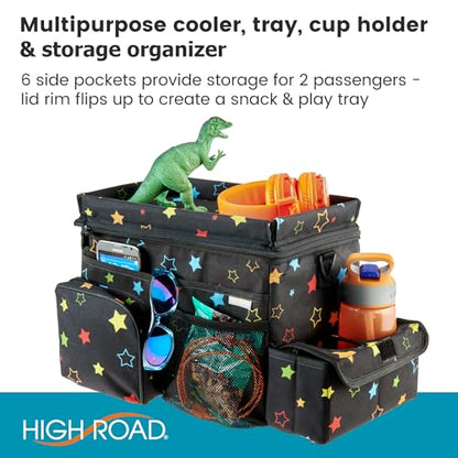 High Road CarHop Car Caddy Organizer with Road Trip Cooler, Car Cup Holder Bin, Sturdy Snack and Play Lid and 6 Organization and Storage Pockets, Starry Night - color: Stars