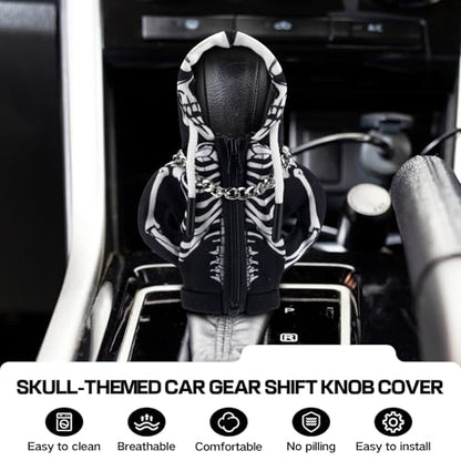 Car Gear Shift Hoodie,Halloween Skull Car Gear Shift Cover,Skeleton Shifter Hoodie with Zipper,Shift Knob Hoodie,Automotive Interior Shifter Knob Cover Decoration Accessories for SUV, Sedan, Truck