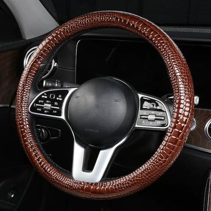 Luxury Crocodile Texture Glossy Leather Car Steering Wheel Cover, New Universal 15 Inch Vehicle Steering Wheel Cover for Cars, Trucks, Suvs, Pickups Interior Accessories (Brown) - color: Brown