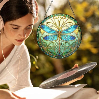 Blue Dragonfly Stained Glass Window Hanging, Dragonfly Suncatcher, Inset and Plant Suncatchers Sun Catchers Indoor Window Glass Wall Art Decor for Women Mom Grandma, 7.9x7.9in