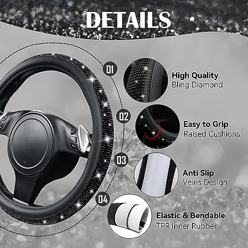 CAR PASS Bling Diamond Leather Steering Wheel Cover, With Sparkly Crystal Glitter Rhinestones Universal Fit 14"1/2-15" Car Wheel Protector for Women Girl Fit Suvs,Vans,Sedans,Car,Trucks, Black Diamond - color: Black Diamond on Velvet
