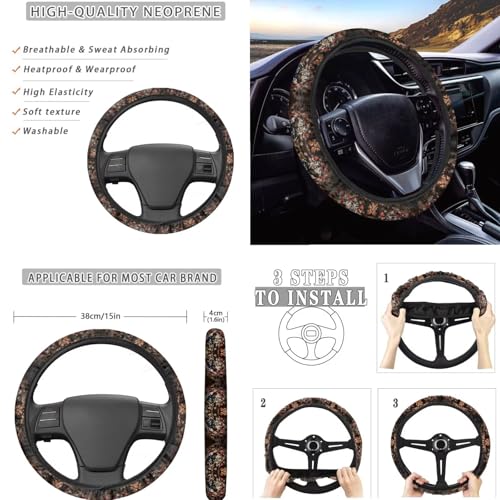 Wolf Leaf American Flag Print 15 Pcs Full Set Car Accessories, Car Seat Cover with Steering Wheel Cover Car Headrest Cover Seat Belt Covers Car Coaster - color: Wolf Leaf American Flag Print