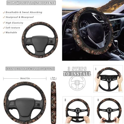 Wolf Leaf American Flag Print 15 Pcs Full Set Car Accessories, Car Seat Cover with Steering Wheel Cover Car Headrest Cover Seat Belt Covers Car Coaster - color: Wolf Leaf American Flag Print