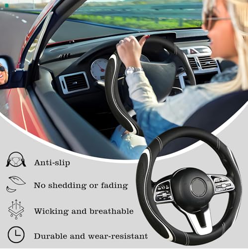 Leather Splicing Black White Car Steering Wheel Cover,14.5-15 Inch Universal Microfiber Leather Covers Breathable Anti-Slip Odorless Steering Wheels Accessories for Men Women - color: Leather Splicing - Black and White