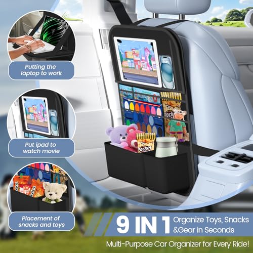 Car Backseat Organizer with table Tray(1Pack) 9 Storage Pockets Backseat Car Organizer with Tablet Holder, Back seat Organizer for Kids Road Trip Essentials Travel - style: 1Pack with Food Tray-Black