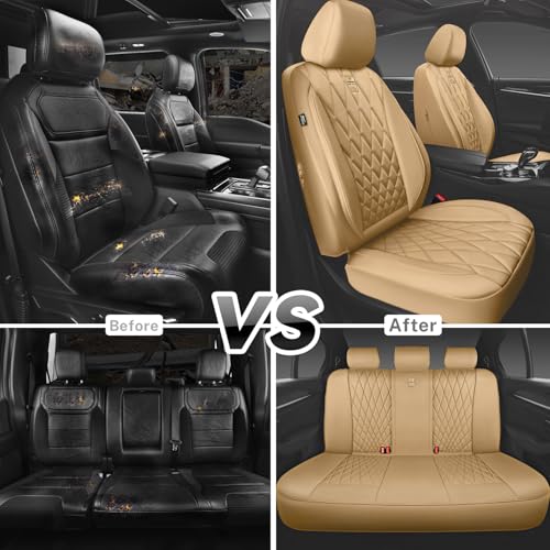 CAR PASS Piping Luxury Leather Seat Covers Full Set,5 Seats Leatherette Anti-Slip Waterproof Seat Covers Compatible with Front Armrests,Universal Fit for Suvs,Vans,Trucks,Airbag Compatible,Pure Beige - color: Pure Beige, size: Full Set