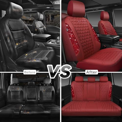CAR PASS Bling Diamond Burgundy Leather Car Seat Covers Full Sets Interior Sets, Waterproof Shining Glitter Sparkly Crystal Universal Armrest Fit Automotive Truck SUV Cute Women Girl, Red Rhinestone - color: Burgundy Rhinestone, size: Full Set