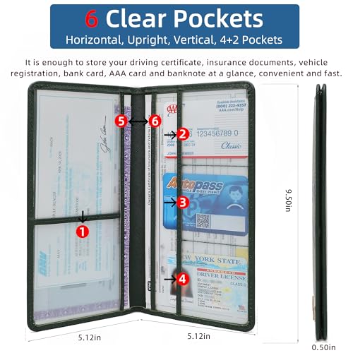 Premium Car Registration & Insurance Card Holder with Magnetic Closure & Clear Pockets, Glove Box Organizer for Documents, Driver's License (Green) - color: Dark Green