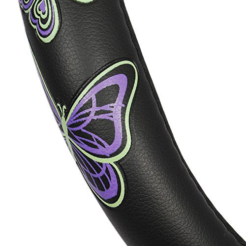 BDK GripGrab Comfort Grip - Purple & Green Butterflies on Black Synthetic Leather Steering Wheel Cover 15 inch - color: #46 Butterflies, size: Fits 14.5 - 15" SW