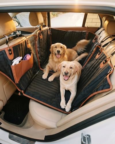 Owleys Hard Bottom Pet Seat Cover for Back Seat – Heavy Duty Waterproof Dog Hammock Bed –Travel Protector for SUVs, Sedans & Trucks – Foldable Design - 2 Pockets – Mesh Ventilation Windows