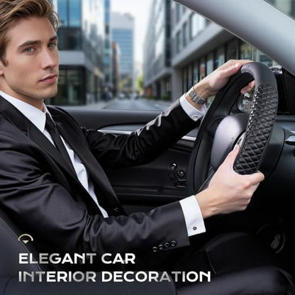 Coverado Car Steering Wheel Cover, Nappa Leather Black Steering Wheel Covers, Universal 14-15 inch, Anti-Slip, Breathable Steering Wheel Protector for Women Men - color: C-Black