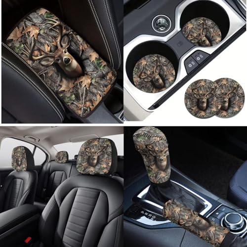 16 Pcs Car Seat Cover Full Sets, Deer Camouflage Hunting Printed Soft Car Front Rear Seat Covers with Steering Wheel Cover Center Console Covers Seatbelt Pads Head Rest Protector Coaster - color: Brown - Deer Camouflage Hunting