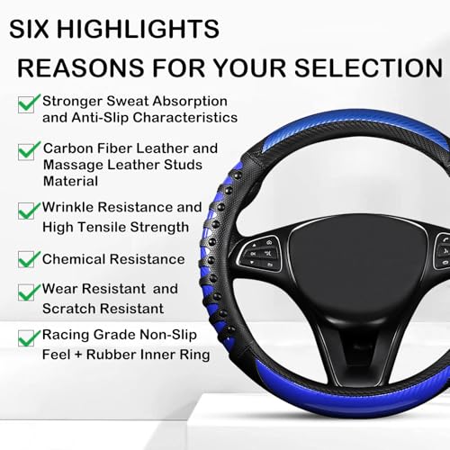 3D Massage Blue Carbon Fiber Leather Steering Wheel Cover, 14.5-15 Inch Non-Slip Breathable Microfiber Car Steering Wheel Protector - color: 3D Massage - Sports Blue