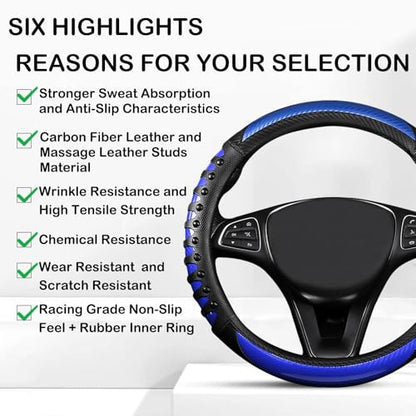 3D Massage Blue Carbon Fiber Leather Steering Wheel Cover, 14.5-15 Inch Non-Slip Breathable Microfiber Car Steering Wheel Protector - color: 3D Massage - Sports Blue