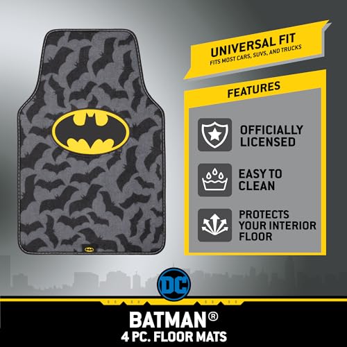 Batman Carpet Car Floor Mats, DC Comics Design, for Car, Truck, SUV - Comfortable, No Slip Nib Backing, Unique Full Print, Protects Car Floor - style: Vehicle Floor Mat