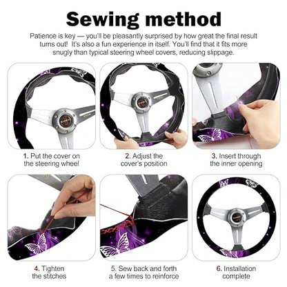 15 Pcs Butterfly Car Seat Covers Full Set Butterfly Front Rear Seat Covers Steering Wheel Cover Wrist Strap Coasters Armrest Shoulder Pads (Purple Glitter Butterfly Style)